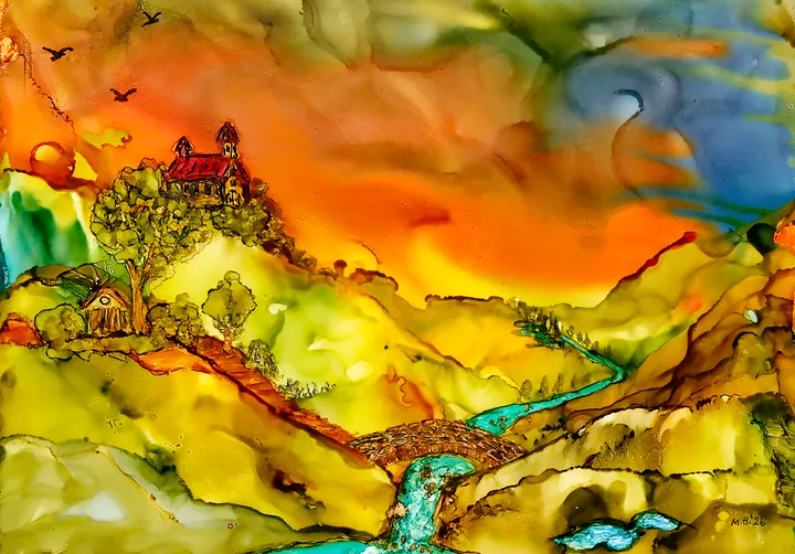 A red chapel on a golden hilltop above a stone bridge and stream, under an orange and blue sky