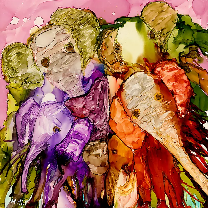 Abstract flowing figures in purple, green, orange and red against a pink background