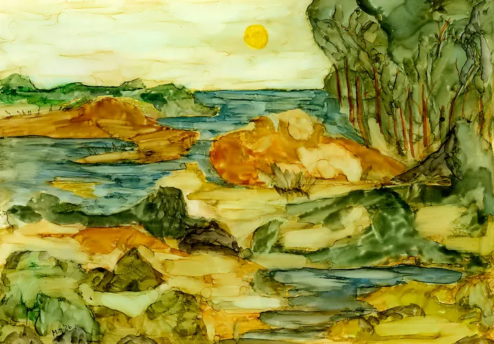 A rocky golden shoreline and calm water beneath a pale sky and small yellow sun
