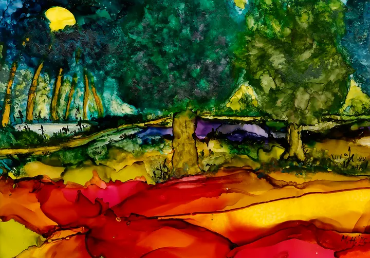 Dark green trees under a yellow moon above sweeping fields of red, orange and gold