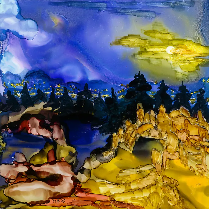 Dark pines and golden rocks under a deep blue sky with a glowing moon behind yellow cloud