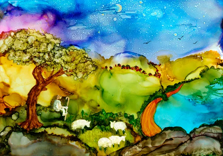 A shepherd and sheep beneath a twisting tree on green hills under a purple night sky with a crescent moon